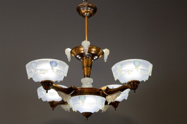 French Art Deco Seven Light Copper and Opalescent Glass Chandelier by Ezan, 1930 French Art Deco Seven Light Copper and Opalescent Glass Chandelier by Ezan, 1930