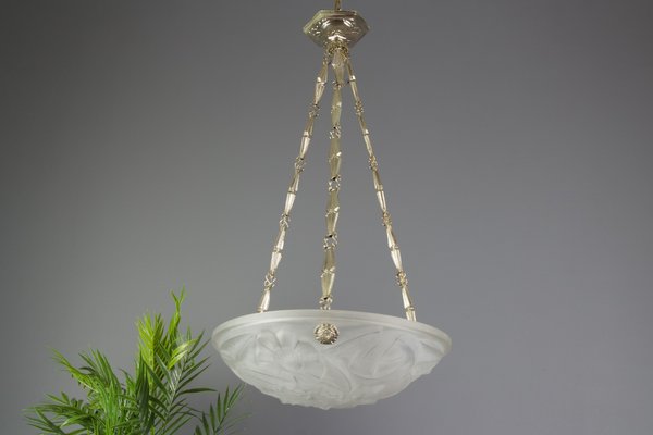 Antique French Frosted Lamp Light Shade Art Deco CHANDELIER Degue Glass Heavy 