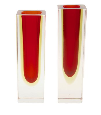 Vintage Red Amber Murano Glass Block Vases By Flavio Poli 1972