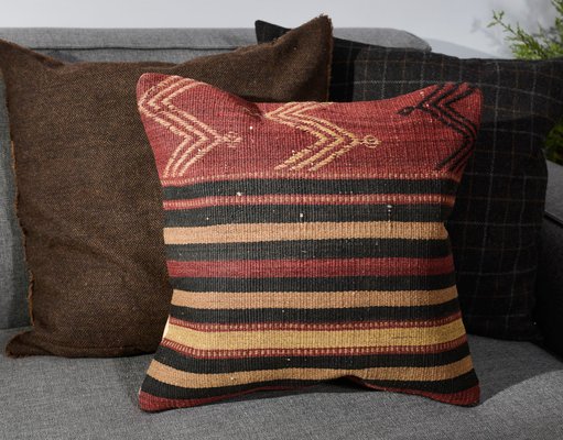 Burnt Orange And Black Wool Striped Kilim Pillow Cover By Zencef