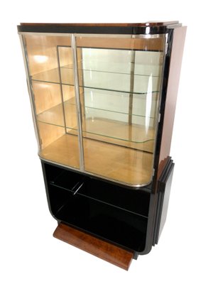 Black Lacquer And Amboina Burl Veneer Display Cabinet 1930s For
