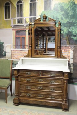 Vintage Walnut Veneer and White Marble Dresser