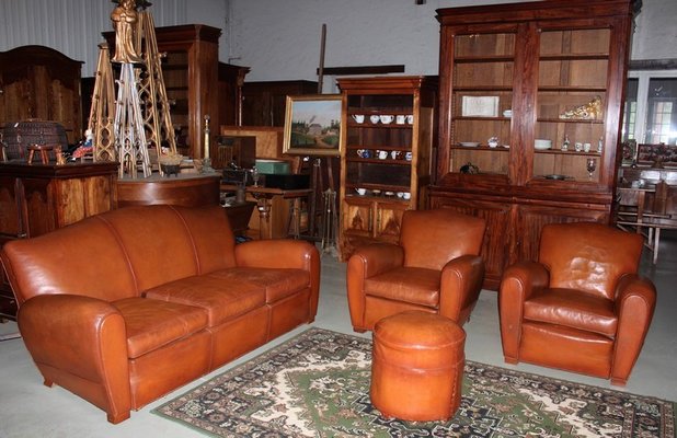 Mid-Century Leather Living Room Set, 1950s, Set of