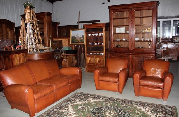 Mid-Century Leather Living Room Set, 1950s, Set of for sale at