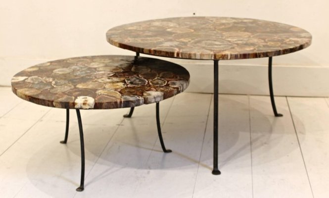Vintage Petrified Wood And Wrought Iron Coffee Tables Set Of 4