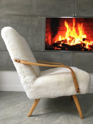 Vintage Art Deco White Sheepskin And Bentwood Armchair For Sale At