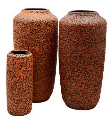 Hot Orange Fat Lava Floor Vases From Scheurich 1973 Set Of 3 For
