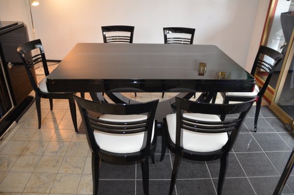 Art Deco Piano Black Dining Table Chairs Set 1930s