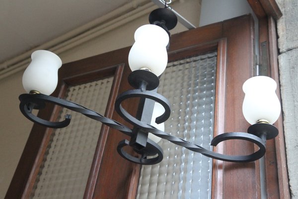 French Rustic Metal Opal Glass Chandelier 1920s For Sale At Pamono