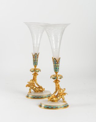 Antique Golden Bronze And Engraved Crystal Bouquetieres Vases Set