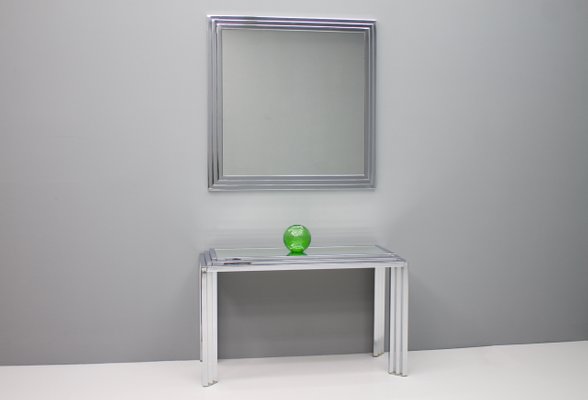 Hollywood Regency Chrome Mirror And Console Table 1974 Set Of 2 Hollywood Regency Chrome Mirror And