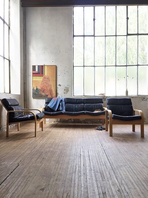 Black Leather and Bentwood Beech Sofa and Chairs 1960s Set of 3