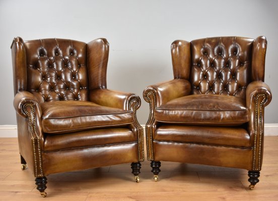 Antique Victorian Whiskey Brown Leather, Brown Arm Chairs