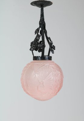 Art Deco French Pink Peacock Pendant Lamp By Muller Freres For