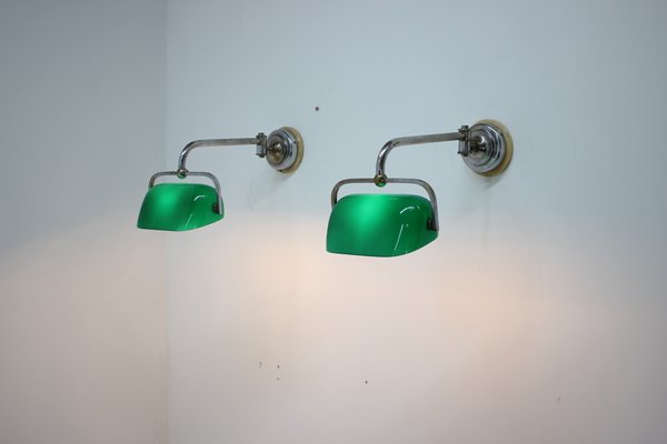 Green Glass Banker Sconces, 1930s, Set of 2 Green Glass Banker Sconces, 1930s, Set of 2