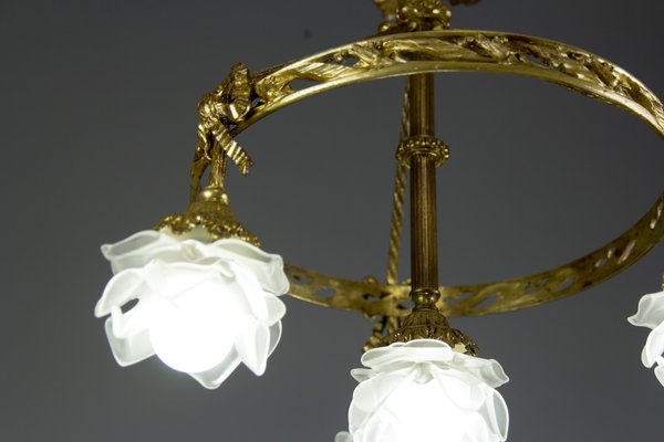 Antique Gilt Bronze and Frosted Glass Chandelier, 1920s Antique Gilt Bronze and Frosted Glass Chandelier, 1920s