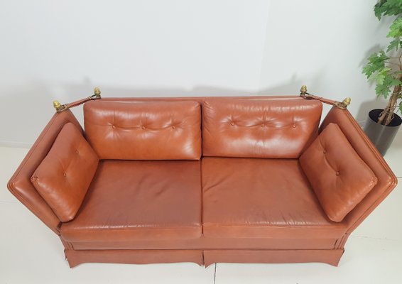 Vintage French Cognac Leather And Brass Sofa From Maison Jansen