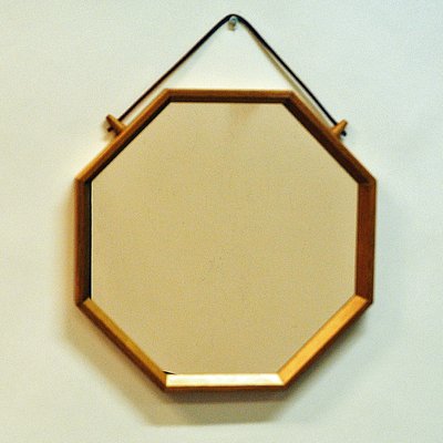 Swedish Octagonal Wall Hanging Oak Framed Mirror 1960s For Sale