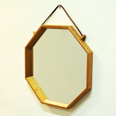 Swedish Octagonal Wall Hanging Oak Framed Mirror 1960s For Sale