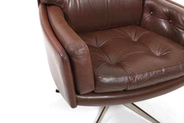 Danish Brown Leather Swivel Chair, Leather Swivel Chair Living Room