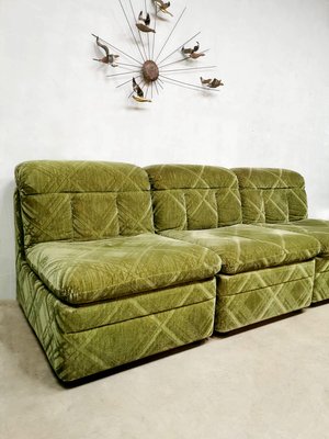 Divano Modulare Vintage In Velluto Verde Anni 60 Set Di 3 In