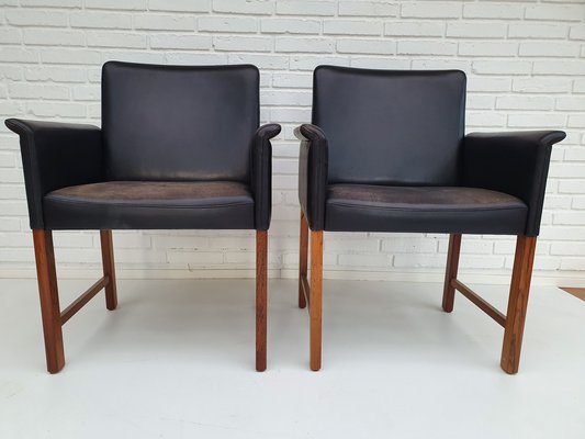 Danish Leather and Rosewood Armchairs by Hans Olsen for Skipper, 1960s, Set of 2 Danish Leather and Rosewood Armchairs by Hans Olsen for Skipper, 1960s, Set of 2