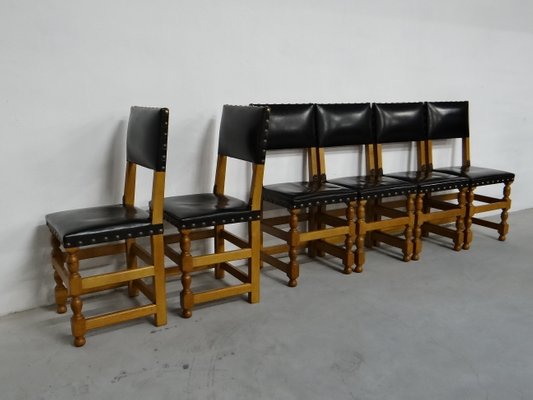 Oak Dining Chairs 1940s Set, French Leather Dining Chairs