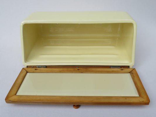 Mid Century Beige Ceramic And Wood Bread Box From Wachtersbach