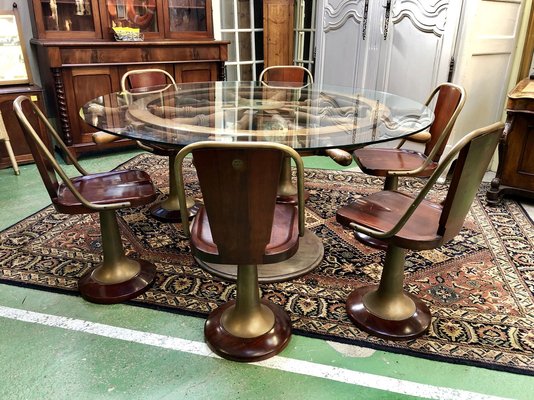 Mahogany And Brass Dining Table Chairs Set 1950s