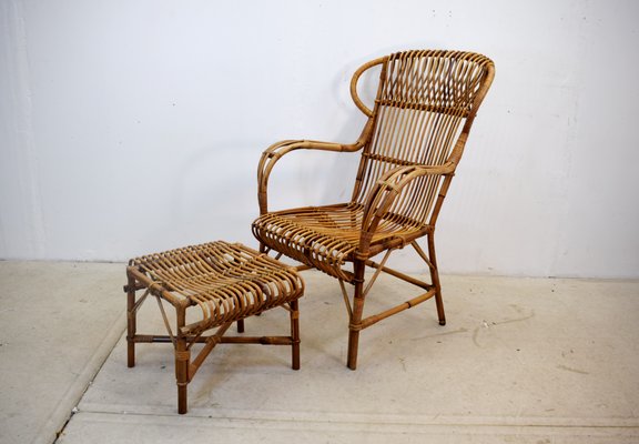 Italian Wicker Armchair and Footstool 1960s Set of 2 for sale at