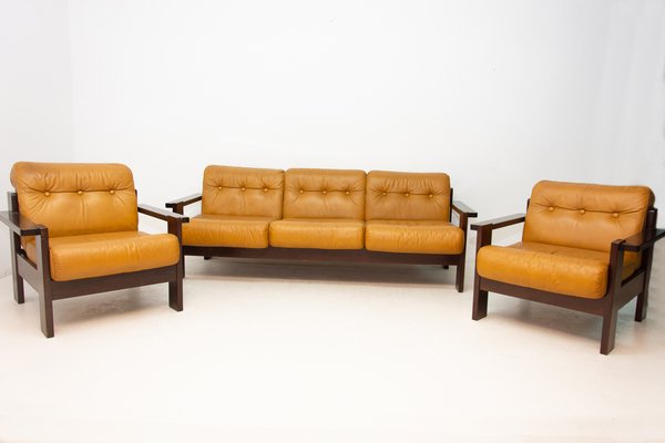 Leather Sofa And Two Armchairs Living Room Set 1980s Set Of 3