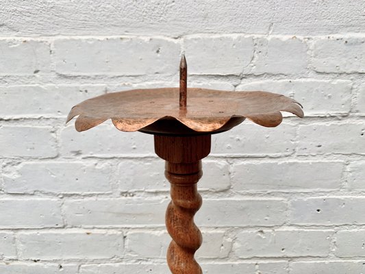 Large Vintage Wooden And Copper Floor Standing Candleholder For