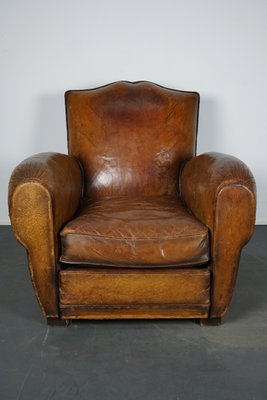 Vintage French Moustache Back Cognac Leather Club Chair For Sale At Pamono