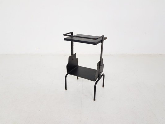 French Black Leather Stitched Telephone Table By Jacques Adnet