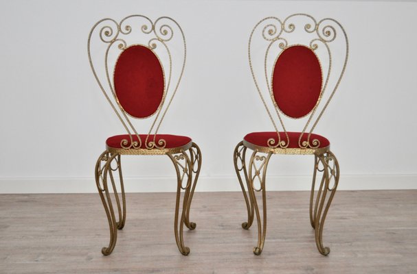 Set of Patinated Brass, Wrought Iron, and Velvet Side Chairs