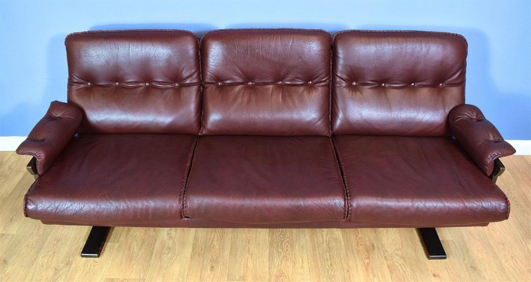 Mid Century Swedish Burgundy Leather 3 Seater Sofa By Arne Norell