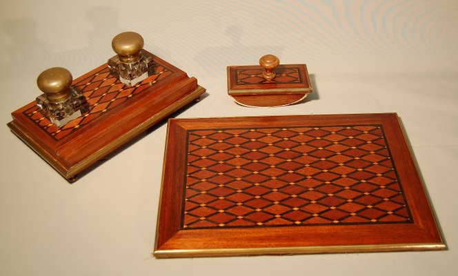 Antique Inlaid Wood And Brass Desk Set For Sale At Pamono