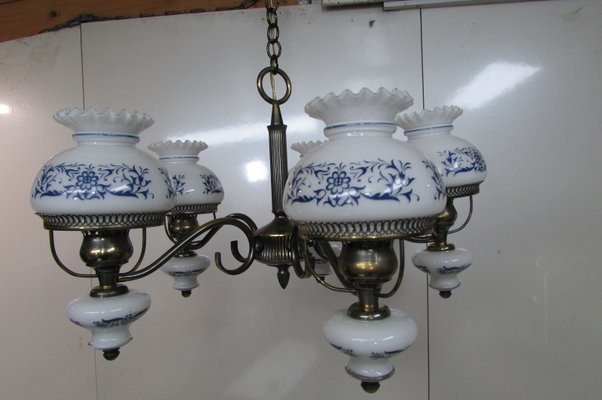 White milk glass lamp 2024 with blue flowers
