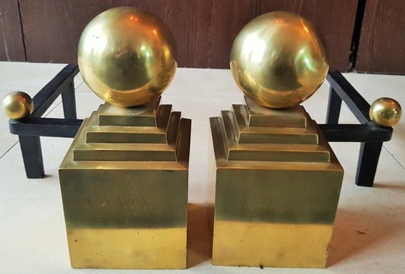 Antique 1919 Brass Cast Iron Fireplace Andirons Fire Dogs Pair Set 18 H 1661676774