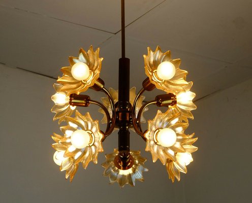 Deckenlampe aus Messing & bernsteinfarbenem Glas, 1970er Deckenlampe aus Messing & bernsteinfarbenem Glas, 1970er