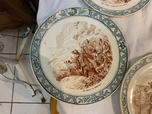 Assiettes plates vintage en faïence, Creil Montereau HBCM, Rose peinte à la main, Set de 6 - France
