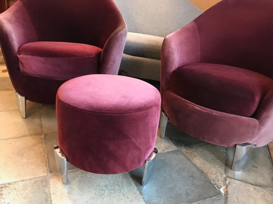 Vintage French Nickeled Bronze And Purple Velvet Armchairs And Ottoman Set By Elisabeth Garouste Mattia Bonetti For Sale At Pamono