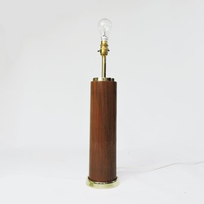 Brass Cylindrical Table Lamp 1960s, Mid Century Teak Brass Lamp