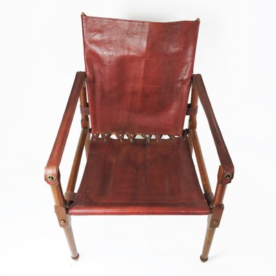 Vintage Maroon Leather And Wood Safari, Vintage Leather Campaign Chair