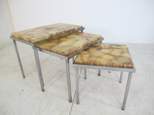 Vintage Hollywood Regency Chrome and Marble Nesting Tables 1960s Set of 3