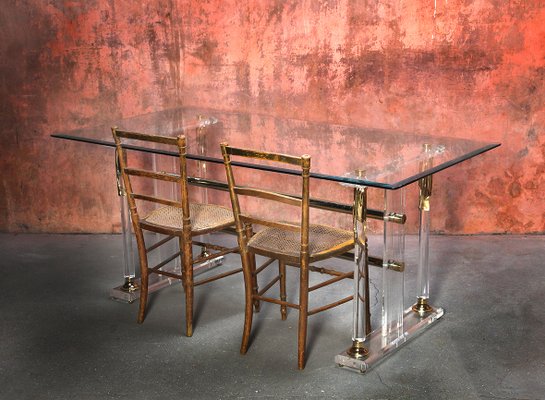 Vintage Hollywood Regency Lucite Plexiglass And Gold Metal Dining Table For Sale At Pamono