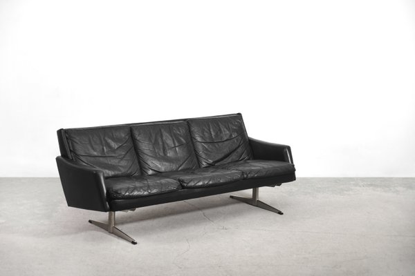 Mid Century Scandinavian Black Leather, Leather Mid Century Modern Sofa