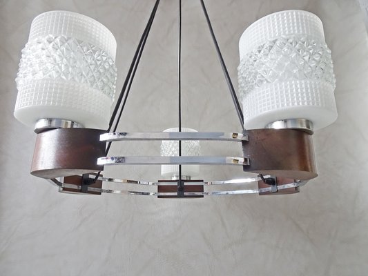 Mid Century Chrome Wood And Glass Chandelier For Sale At Pamono