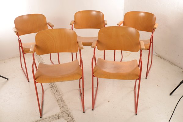 Italian Red Metal And Plywood Desk Chairs 1960s Set Of 6 For