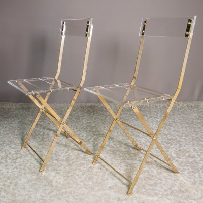 French Plexiglass And Gilded Brass Dining Chairs 1970s Set Of 2